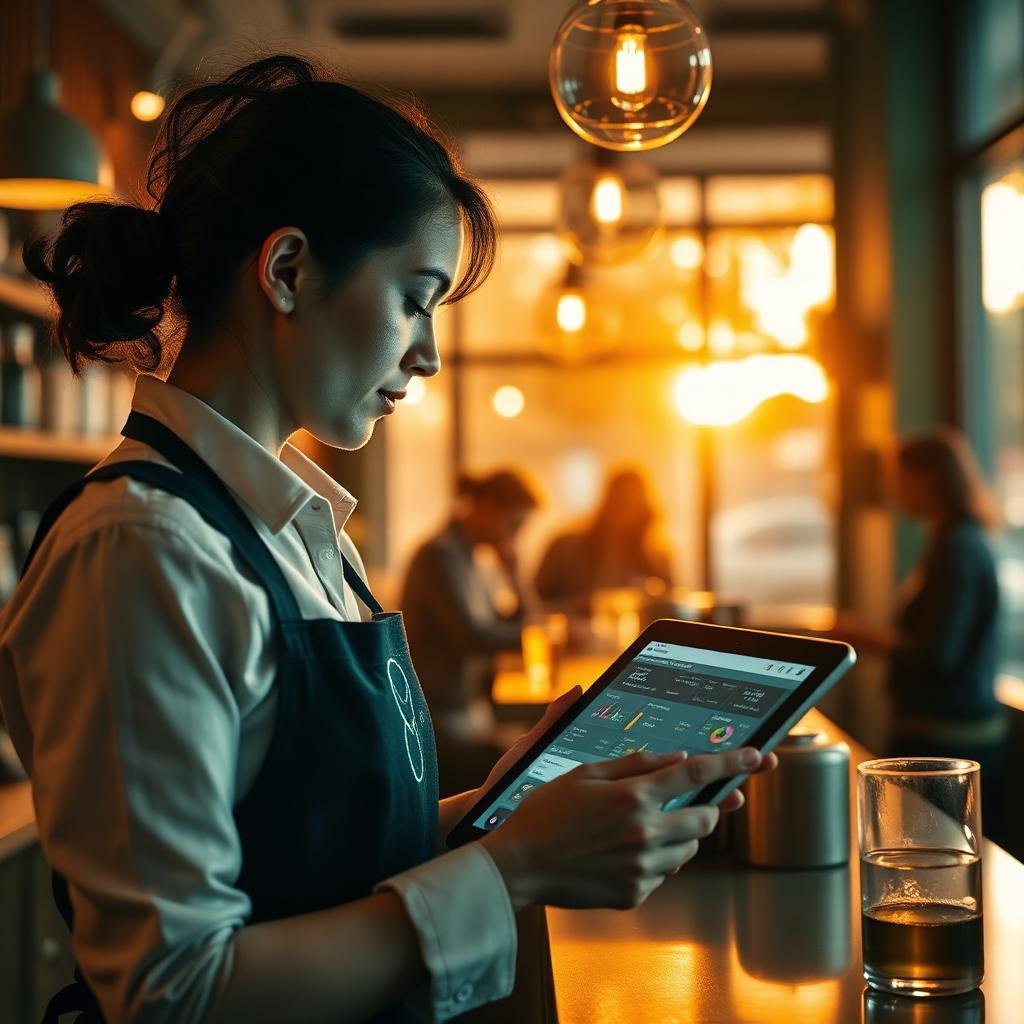 Barista in a Perth café reviewing a CRM dashboard on a tablet at golden hour