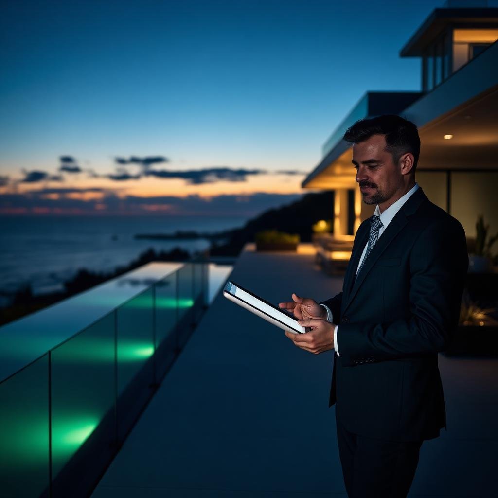 Real estate agent at a Cottesloe coastal home holding a tablet at twilight