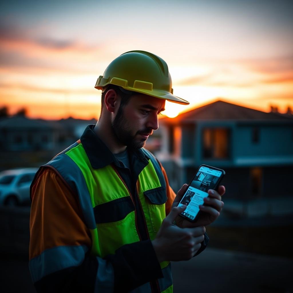 Perth tradesman in hi-vis viewing a modern website on his phone at sunset